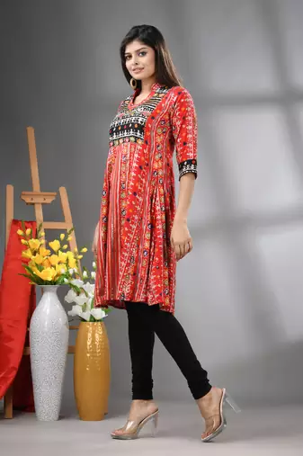 Red rayon printed a-line kurta with sequence work
