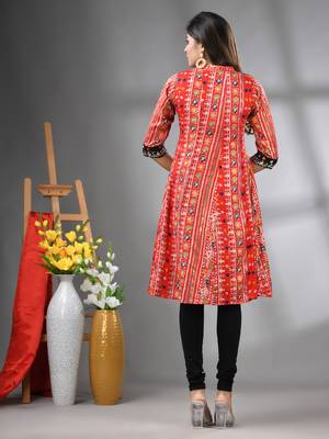 Red rayon printed a-line kurta with sequence work 3