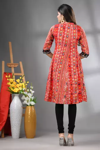 Red rayon printed a-line kurta with sequence work