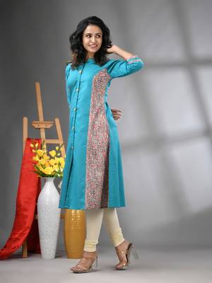 Sea green cotton solid a-line kurta 2