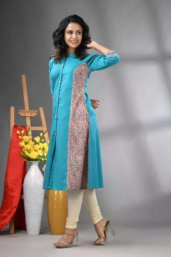 Sea green cotton solid a-line kurta