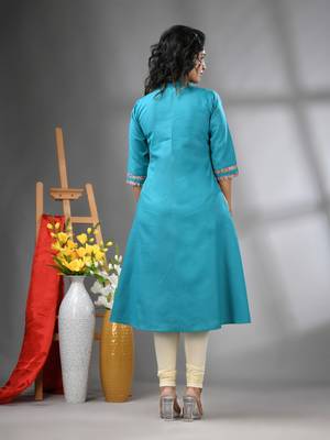 Sea green cotton solid a-line kurta 3