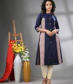 Navy blue cotton solid a-line kurta