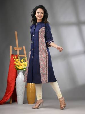 Navy blue cotton solid a-line kurta 2