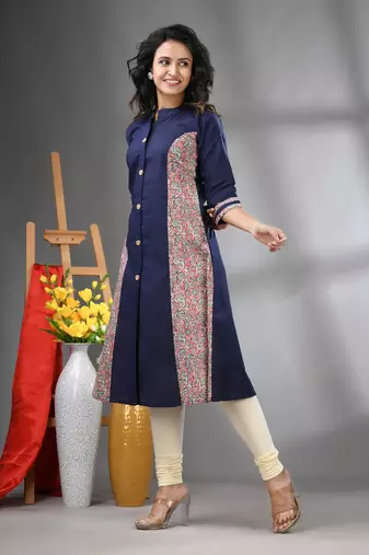 Navy blue cotton solid a-line kurta