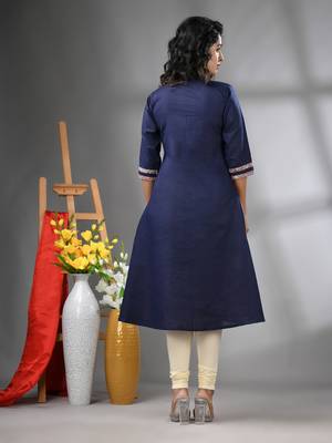 Navy blue cotton solid a-line kurta 3