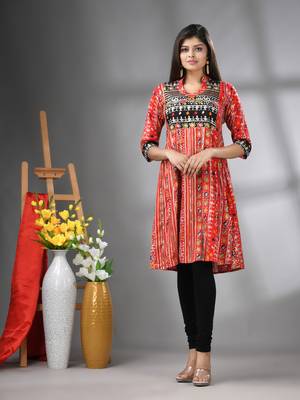 Red rayon printed a-line kurta with sequence work 5