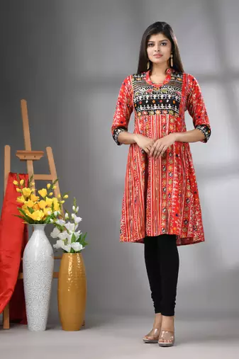 Red rayon printed a-line kurta with sequence work