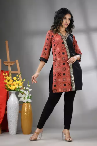 Black ajrak printed cotton stright kurta with gota patti lace