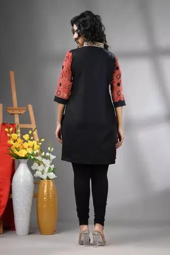 Black ajrak printed cotton stright kurta with gota patti lace