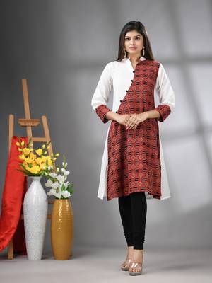 White and brown ajrak printed cotton a-line kurta 1