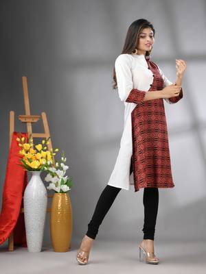 White and brown ajrak printed cotton a-line kurta 2
