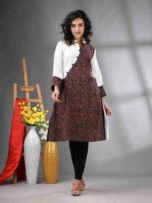 White and black ajrak printed cotton a-line kurta 1