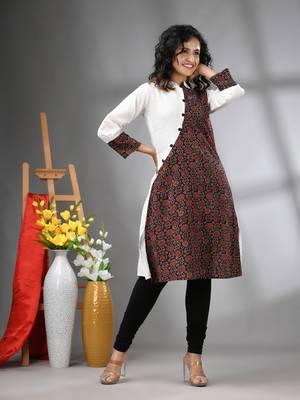 White and black ajrak printed cotton a-line kurta 2