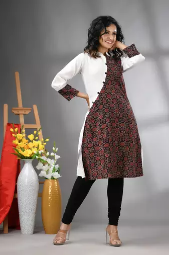 White and black ajrak printed cotton a-line kurta