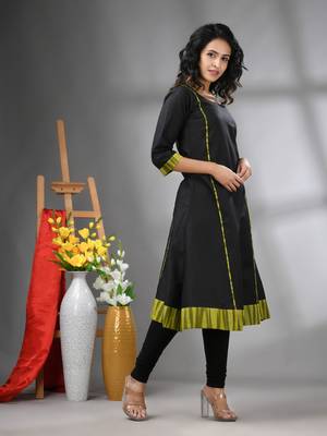 Black solid cotton a-line kurta 2