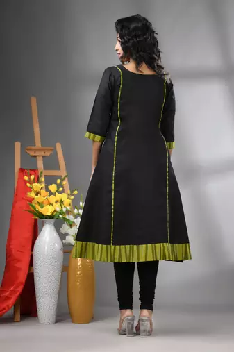 Black solid cotton a-line kurta