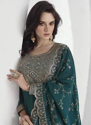 Teal vichitra silk sequence anarkali suit 2