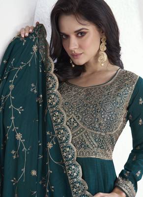 Teal vichitra silk sequence anarkali suit 3