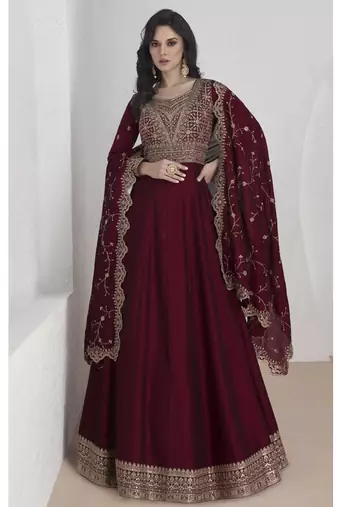 Maroon vichitra silk sequence anarkali suit