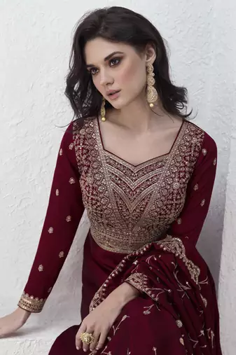 Maroon vichitra silk sequence anarkali suit