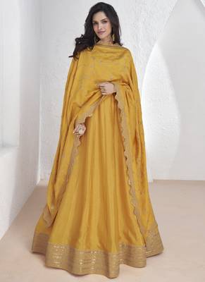Yellow vichitra silk sequence anarkali suit 1