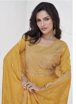 Yellow vichitra silk sequence anarkali suit 2