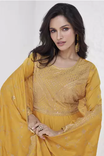 Yellow vichitra silk sequence anarkali suit