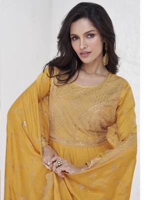 Yellow vichitra silk sequence anarkali suit 3