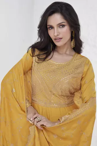 Yellow vichitra silk sequence anarkali suit