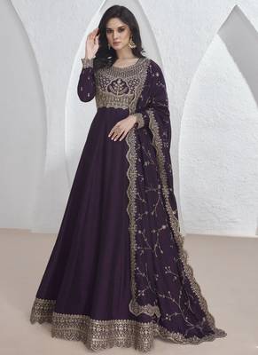 Violet vichitra silk sequence anarkali suit 1