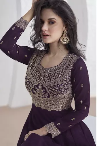 Violet vichitra silk sequence anarkali suit