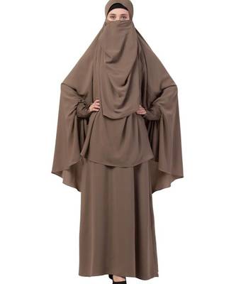 PLAIN KHAKI KASHIBO ABAYA WITH KHIMAR COMBO 1