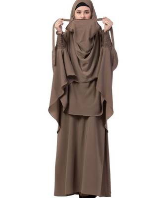 PLAIN KHAKI KASHIBO ABAYA WITH KHIMAR COMBO 2