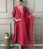 Red embroidered viscose  salwar kameez set
