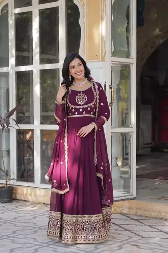 Purple rich sequins embroidered georgette anarkali with dupatta