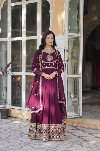 Purple rich sequins embroidered georgette anarkali with dupatta