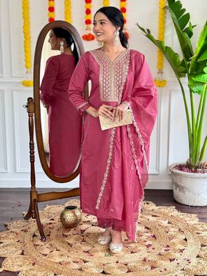 Pink embroidered viscose  salwar kameez set 1