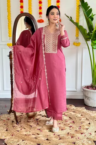 Pink embroidered viscose  salwar kameez set
