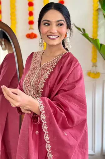 Pink embroidered viscose  salwar kameez set