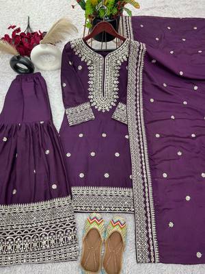Purple embroidered  silk blend  salwar kameez set 1