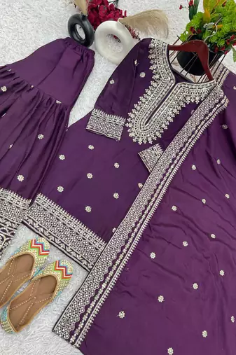 Purple embroidered  silk blend  salwar kameez set