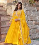 Yellow embroidered zari sequins georgette anarkali with dupatta