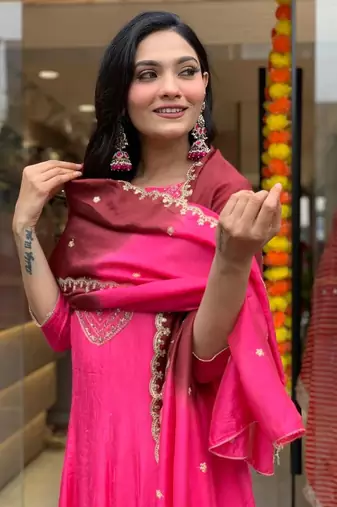 Pink embroidered with intricate gold or zari chiffon kurta dupatta