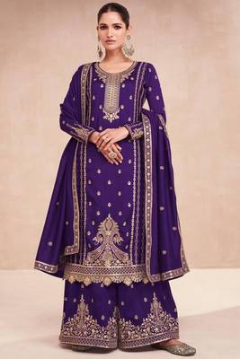 Purple embroidered silk blend  salwar kameez set 1