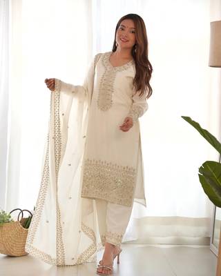 White Embroidery kurta set with dupatta 1