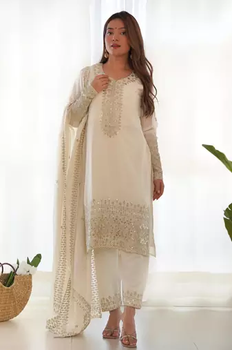 White Embroidery kurta set with dupatta