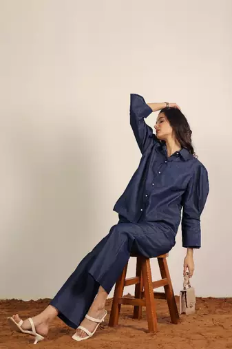 dark blue solid denim cotton collared shirt with wideleg trouser co-ord set