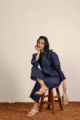 dark blue solid denim cotton collared shirt with wideleg trouser co-ord set