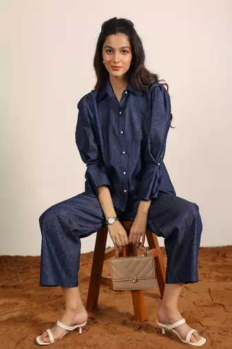 dark blue solid denim cotton collared shirt with wideleg trouser co-ord set